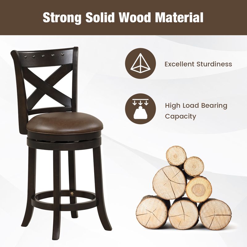 Costway 26'' Swivel Bar Stool Counter Height PU Leather Seat Rubber Wood Legs Footrest, 5 of 9