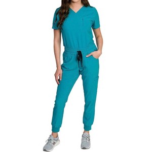 Medgear Fleur Women's Stretch Scrub Set with Zip Chest Pocket Top and Knit Rib Cuffs Jogger Pants, More Colors - 1 of 4
