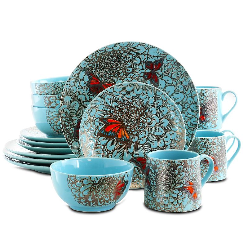 Elama Mariposa Paradise 16 Piece Stoneware Dinnerware Set in Blue and Orange, 1 of 7