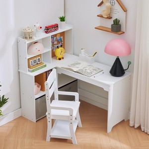 L-Shaped Kids Corner Desk & Chair Set, with Bulletin Board, Open Shelves, Storage Cabinets & Cloth Drawers, for 3-10 - 1 of 4