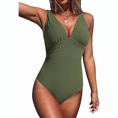 AI'MAGE Women Ribbed One Piece Swimsuit 2025 Swim Suits V Neck Bathing Suits High Cut Adjustable Strap Monokini Swimwear