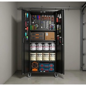 Metal Garage Storage Cabinet with Pegboard, 72" Lockable Storage with Adjustable Shelves and Wheels - 1 of 4