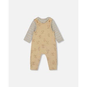 Deux par Deux Boy Organic Cotton Onesie with Overalls Set Beige Printed Dogs - 1 of 4