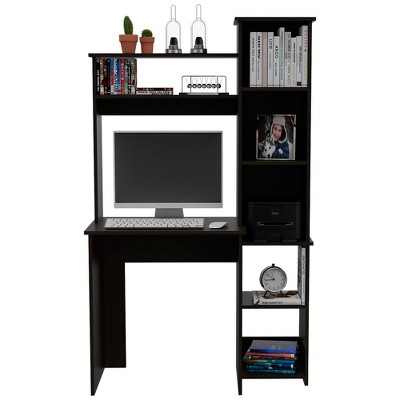 Vynxaria Practical Space-Saving Desk - Hutch (2 Superior Shelves), Side Bookcase (5 Open Shelves), Spacious Top, Black