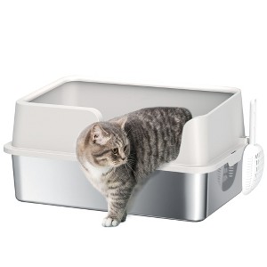 PawHut Stainless Steel Litter Box, XL Enclosed Cat Litter Box for Big Cats with High Side, Scoop, Easy Cleaning & Anti-Urine Leakage, Light Gray - 1 of 4