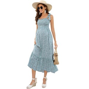 Women's Smocked Maternity Boho Summer Dress Casual Spaghetti Strap Ruffle Sleeveless Swing Maxi Dress Baby Shower Photoshoot - 1 of 4