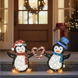 Wovenbyrd Holiday Time Set of 2 Light-Up Penguin Couple with Heart-Shaped Candy Cane Family Christmas Decoration, - 1 of 4