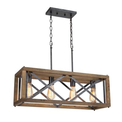LNC Laius 4-Lights 27.5" Farmhouse Rectangle Kitchen Island Pendant  Lights, Brown Wood and Antique Black