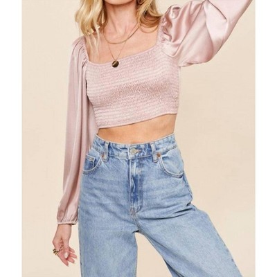 Women's Satin Reversible Long Sleeve Crop Top - Mimosa