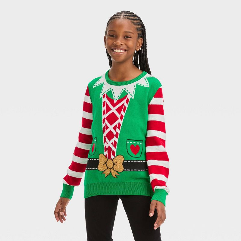 Girls' Elf Holiday Sweater - Green, 1 of 4
