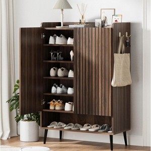 Shoe Cabinet with 2 Doors and Adjustable shelves, Modern 6-Tier Shoe Organizer with Additional Hooks for Hallway, Entryway, Living Room - 1 of 4