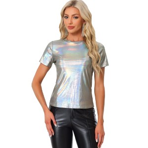 Allegra K Women's Party Metallic Short Sleeve Textured Shiny T-shirts - 1 of 4