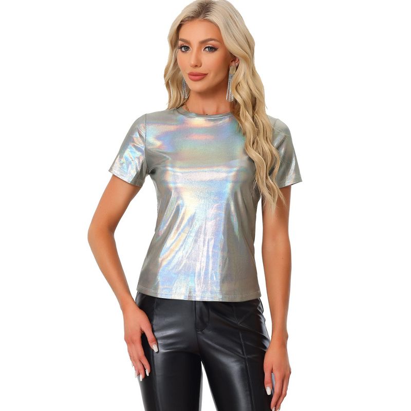 Allegra K Women's Party Metallic Short Sleeve Textured Shiny T-shirts, 1 of 8