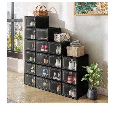 18 Pack Shoe Boxes Shoes Organizer Stackable Shoe Organizer Box Plastic Sneaker Containers Fits All Shoes for Bedroom Entryway Closet X-Large Size