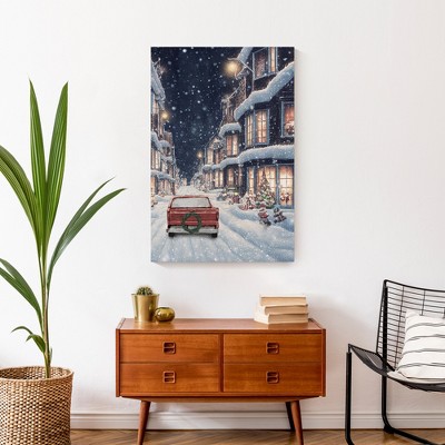 Snowy Christmas Village Red Truck Canvas Wall Art 20 x 30