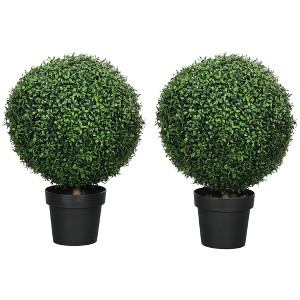 Set of 2 Artificial Ball Boxwood Topiary Trees, Fake Plants in Pot for Indoor Outdoor Living Room Green - 1 of 4