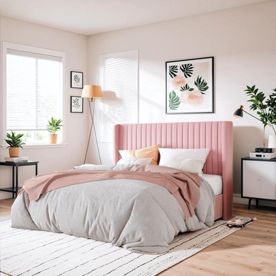 Allewie Bed Platform Frame/Velvet Upholstered Bed Frame with Vertical Channel Tufted Headboard/Strong Wooden Slats/Box Spring Optional