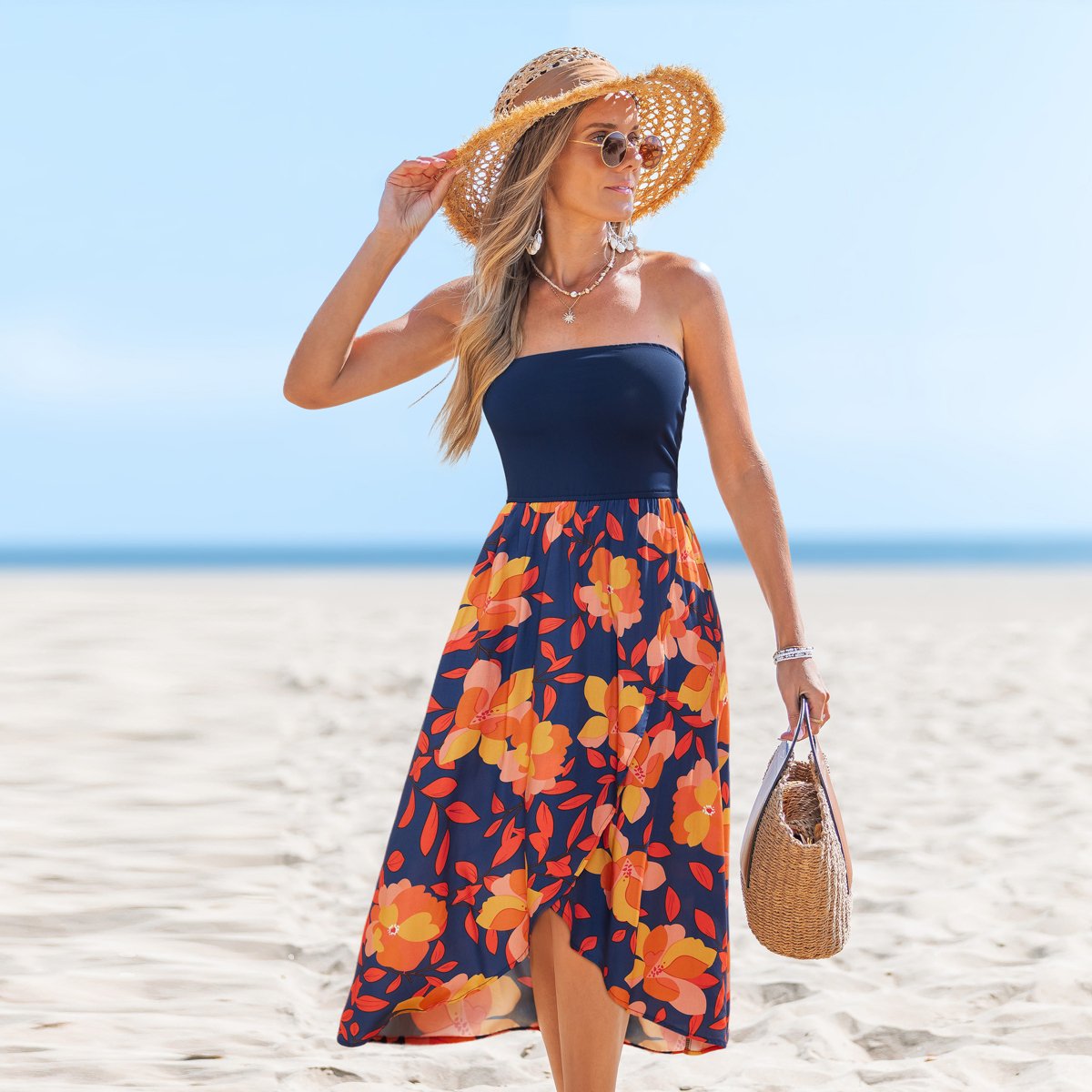 Женские платья Cupshe Women's Vibrant Floral Strapless A-line Maxi Beach Dress-L-Blue — фото 2
