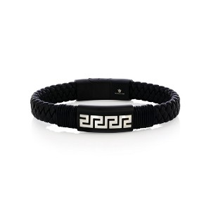 Metallo Mens Stainless Steel, Braided Leather Greek Key Bracelet - Black - Black - 8.5 Inch - 1 of 3