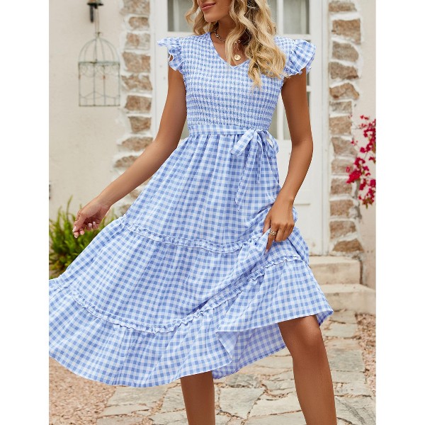 Vestido midi con fruncido, manga corta con vuelo y volantes 3