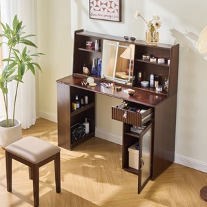 47.2'' Modern Walnut Makeup Vanity Desk with Adjustable Lighted Mirror & Storage Cabinet and Stool-Cuddlewood - 1 of 4