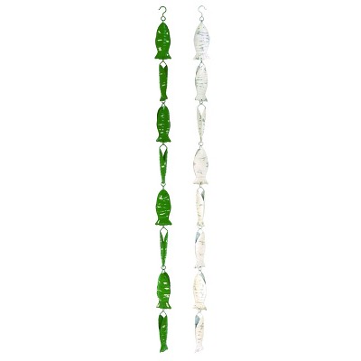 Green and White Metal Fish Rain Chimes Set for Lawn Decor