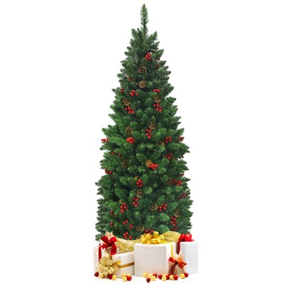 Tangkula Pencil Christmas Tree  Hinged Artificial Slim Xmas Tree with Sturdy Metal Stand