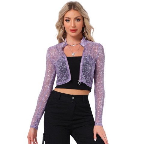INSPIRE CHIC Women's Sheer Stand Collar Zip Up Shiny Cropped Jacket Large Silver