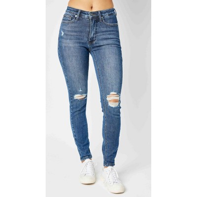 Women's Mid Rise Tummy Control Destroy Skinny Denim Jeans - Judy Blue