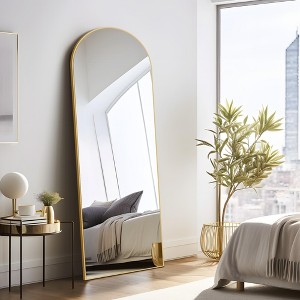 Classic Wood Framed Full-Length Mirror with Right-Angled Arch Design - 1 of 4