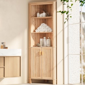 MOEPISY Tall Corner Shelf with Doors, 5-Tier Corner Storage Cabinet with Doors, Space Saver Shelf for Bathroom Natural Oak - 1 of 4