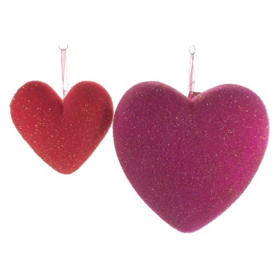 Valentine's Day 9.25" Set / 2 Flocked Hanging Hearts Decor Decorate Decoration Love One Hundred 80 Degree  -  Decorative Figurines