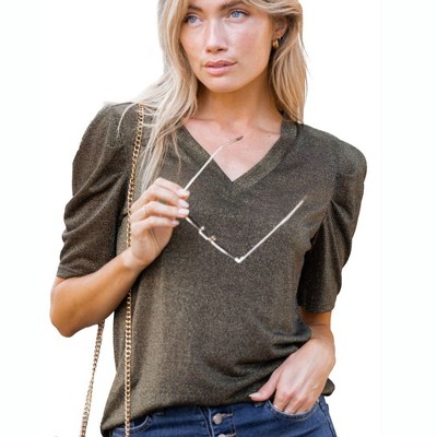 Amaryllis Women's Shimmery V-Neck Short Sleeve Top with Soft Draped Fit and Slightly Puffed Shoulders