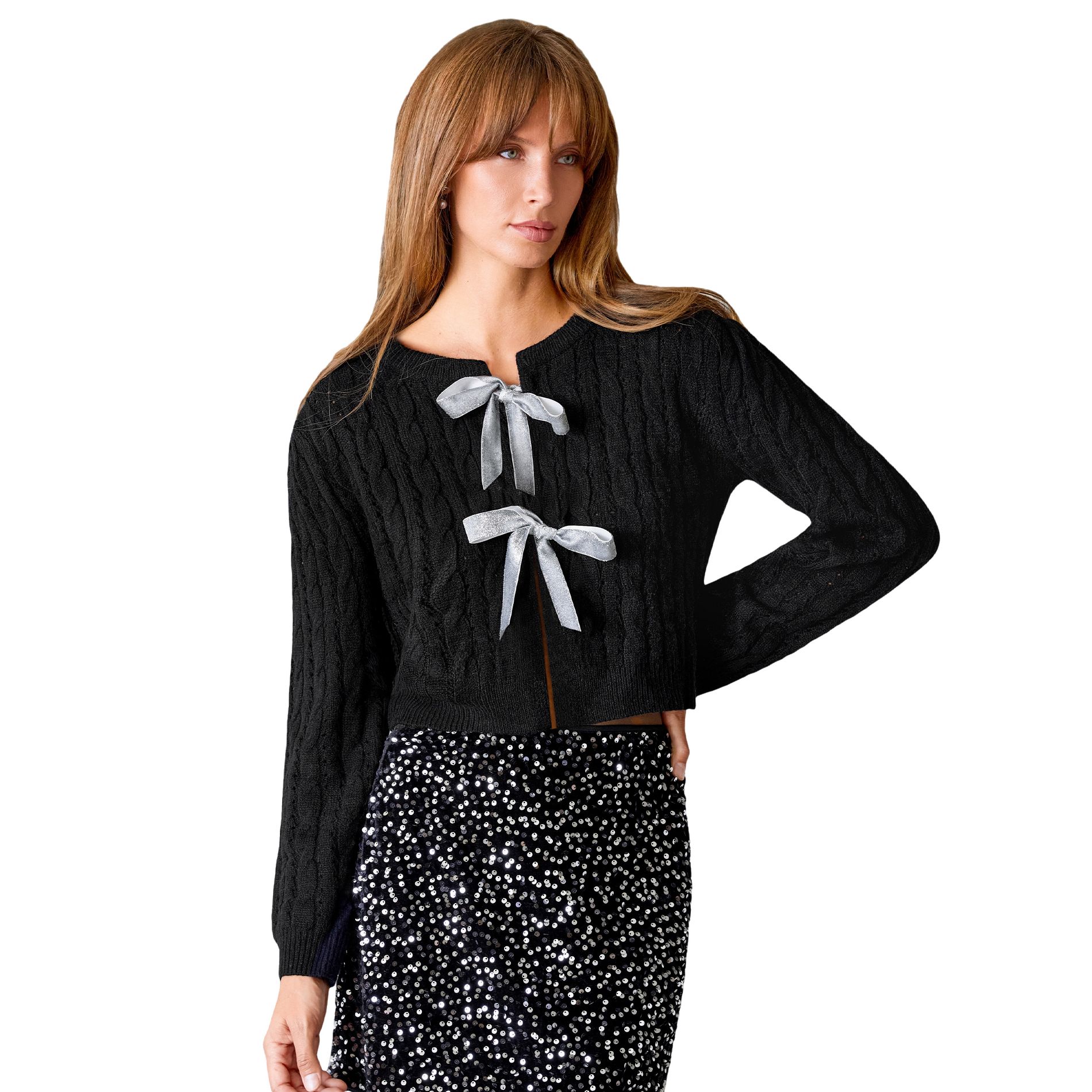 Women's Black Elegant Cable Knit Tie-Front Cardigan - Cupshe-S-Black