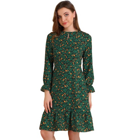 Loose Tiny Floral Print Dress - Knee Length / Long Sleeve / Gray Green