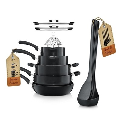 NutriChef 17-Pcs Non-Stick Kitchen Cookware Set - Pots and Pans, Stackable, Space-Saving Design, Induction Base, Black