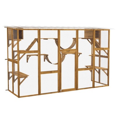 PawHut Catio Playground Outdoor Cat Enclosure, Wooden Outdoor Cat House Weatherproof for Multiple Cats, Shelves & Bridges