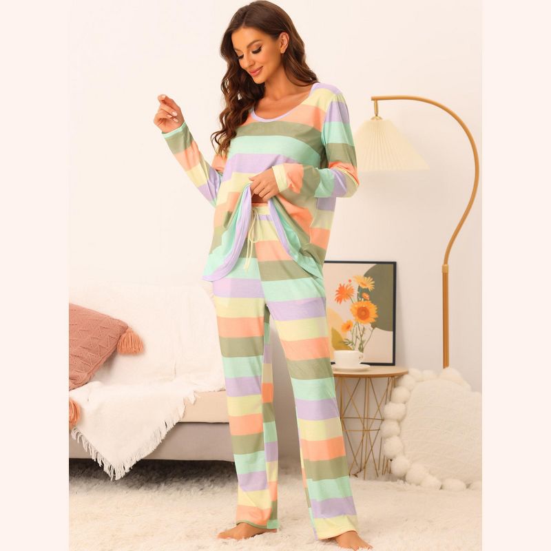 cheibear Women's Cotton Rainbow-Stripe Long Sleeves Lounge with Pants Pajama Set, 3 of 7