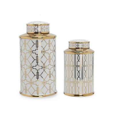 Gulches Elegant White Ceramic Ginger Jar with Gold Geometric Design & Removable Lid
