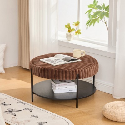 Syemin Ottomans and Benches Upholstered Entryway Bench, Round Ottoman Coffee Table Foot Rest, Faux Fur Footstool with Shelf, Brown, 30.9"*30.9"*17.7"