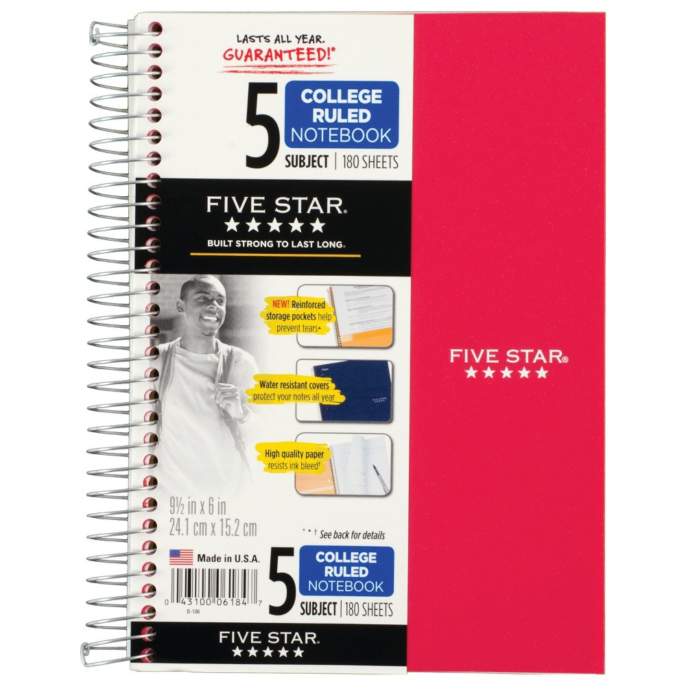 Photos - Notebook 6ct 5 Subject Spiral  College Ruled 9.5" x 6" Classic Colors - Fiv