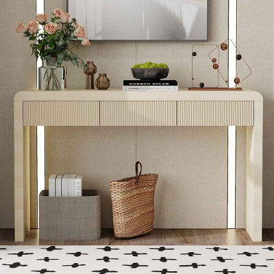 Rustic Design Console Table with Fluted Drawers, Rectangular Entryway Table with Wood Grain Finish, Console Table with MDF Frame-Coolbibila