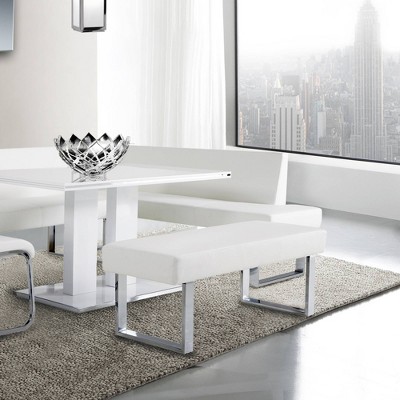 Modern White 48" Faux Leather Bench with Chrome Metal Frame