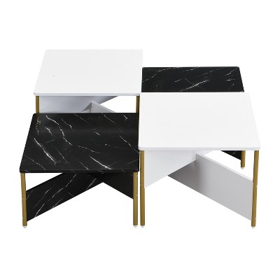 Vynxaria Mid Century Modern Nesting Coffee Tables (Set of 4) Square, Free Adjustable Shape, Black&White Marble-Like Finish, Gold Metal Legs