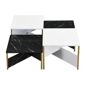 Vynxaria Mid Century Modern Nesting Coffee Tables (Set of 4) Square, Free Adjustable Shape, Black&White Marble-Like Finish, Gold Metal Legs - 1 of 4