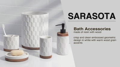 White Resin and Wood Geometric Embossed Bathroom Tumbler