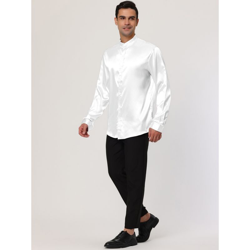 Lars Amadeus Men's Long Sleeves Band Collar Button Down Solid Prom Satin Shirts, 4 of 7
