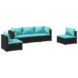 vidaXL Patio Lounge Set, 5-Piece with Cushions - Black Poly Rattan Frame- Water Blue Cushions - Modular Design - Powder-Coated Steel and Plastic - 1 of 4