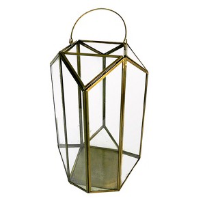 Essential Decor & Beyond Antique Brass 14" Glass and Metal Lantern Decorative Accent - 1 of 1