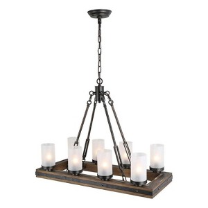 LNC Laius 8-Lights 30" Black and Brown Wood Mordern Farmhouse Rectangle Kitchen Island Pendant  Lights, with 8 Froested Glass Shade - 1 of 4